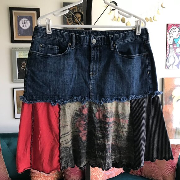 EDDIE BAUER size 12 Blue Stretch Denim OOAK Artisan Pieced Jersey Upcycled Skirt - Picture 1 of 6